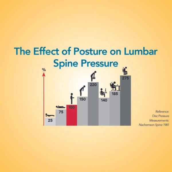 Chart showing how posture changes pressure in the lumbar discs, lowest when lying down and highest when bending and lifting