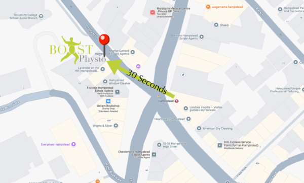 map directions to BOOST PHYSIO Hampstead Directions Map for BOOST PHYSIO Hampstead Practice from Hampstead Tube station