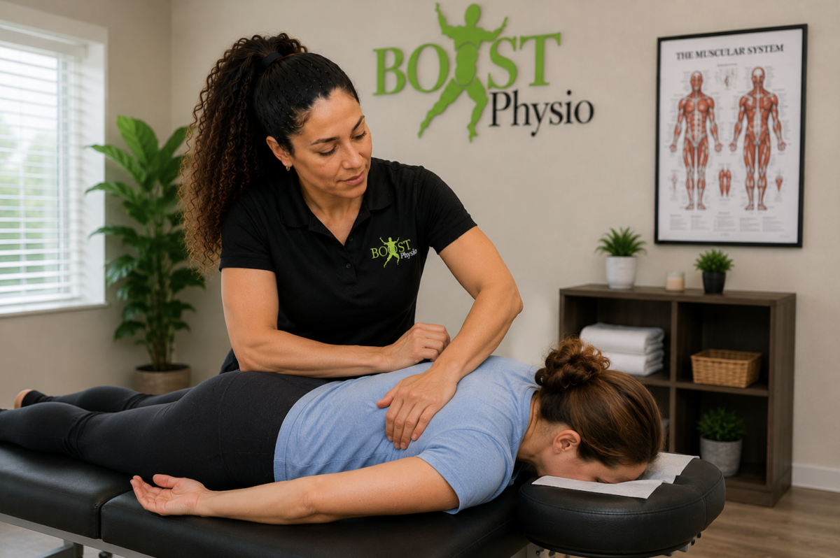 BOOST PHYSIO physiotherapist giving hands-on treatment to ease a patient's back pain and muscle spasm